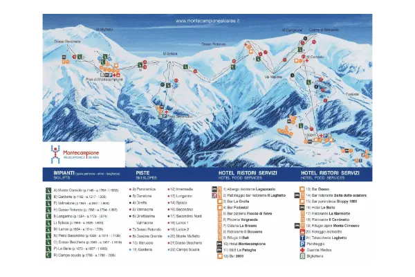 Utforska den detaljerade kartan över skidorten Montecampione, där skidliftar, pister, hotell, restauranger och serviceinrättningar är tydligt markerade. Symboler och siffror markerar varje plats på den illustrerade kartan över Montecampiones snötäckta berg, vilket underlättar orienteringen.