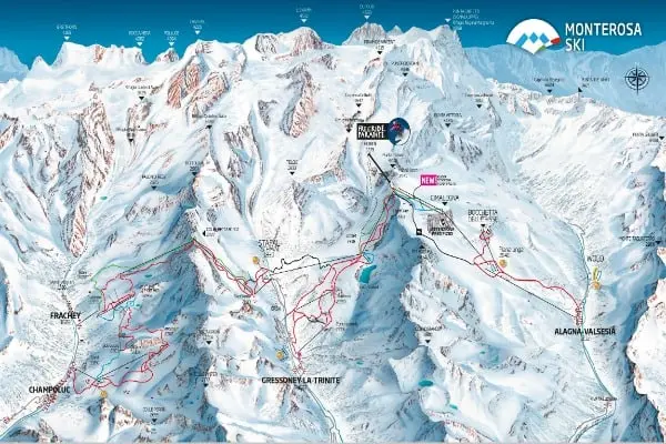 Karta över skidområdet Monterosa med berg, skidbackar, liftar och orter – däribland Champoluc, Frachey, Gressoney-La-Trinité och Alagna Valsesia – med tydligt markerade rutter och viktiga platser.