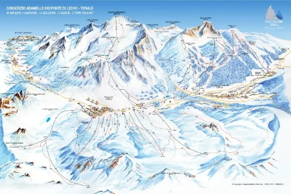 En illustrerad karta över skidorten som visar skidbackar, liftar, bergstoppar och anläggningar i Pontedilegno-Tonale i Alperna, med detaljerade och märkta rutter samt snötäckt terräng i ett vidsträckt alpint område som omfattar det populära Passo Tonale.