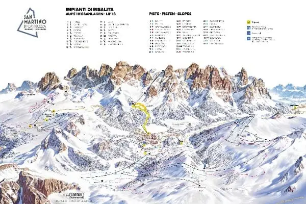 En pistkarta över skidorten San Martino di Castrozza som visar bergsterrängen, markerade liftar, skidbackar samt en förklaring till de olika pisterna och rutterna genom det pittoreska, snötäckta bergslandskapet i San Martino di Castrozza.