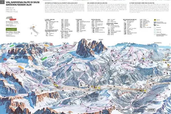 Karta över skidområdet Val Gardena/Alpe di Siusi som visar skidbackar, liftar, berg och viktiga landmärken med information om backarna och symboler för svårighetsgrader. Text och förklaringstext finns på vänster sida och lyfter fram viktig information för att utforska Val Gardenas backar.