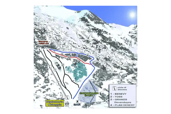 En karta över skidorten Valgrisenche visar pister märkta med siffrorna 1 till 4, skidliftar och olika snötäckta backar. I bakgrunden syns berg under en solig himmel, vilket fångar charmen i Valgrisenches alpina landskap. Pisternas namn och en kartförklaring finns i det nedre högra hörnet.