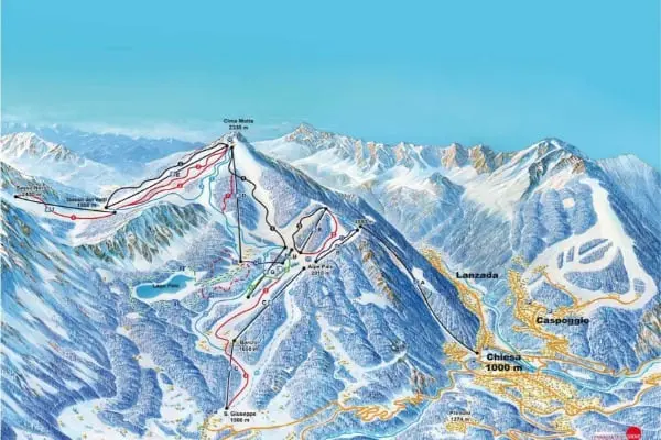 Den illustrerade kartan över skidorten visar snötäckta berg med markerade skidspår, liftar och höjdskillnader. Närliggande byar, vägar och skogar är avbildade i gult och grönt vid foten av bergen, vilket fångar den pittoreska omgivningen i Valmalenco.