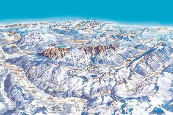 En illustrerad karta över skidorten som visar snötäckta berg, skidspår, liftar och markerade rutter. Bergstoppar och dalar präglar landskapet i Andalo, där olika namngivna stigar slingrar sig genom terrängen under en klarblå himmel.